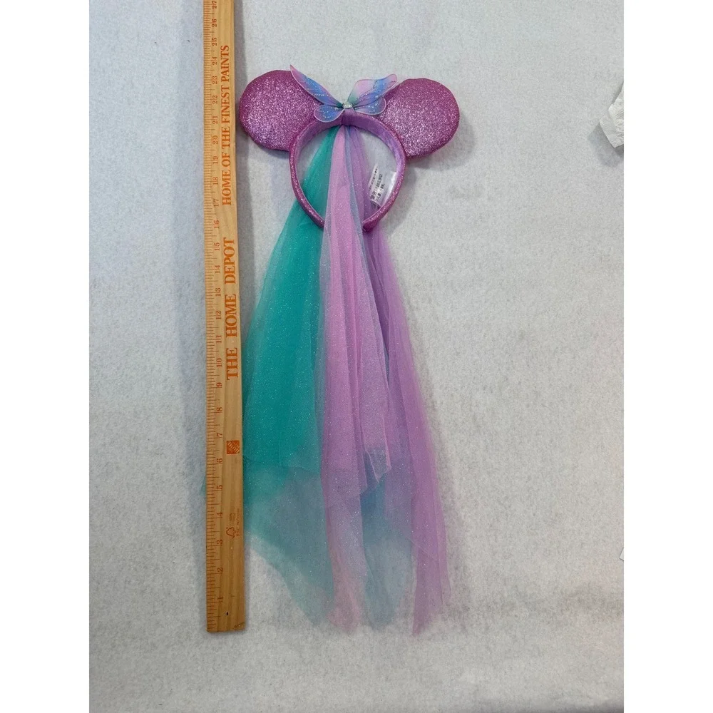 Disney Parks Minnie Mouse Pink Glitter Butterfly Fairy Ear Headband with Veil